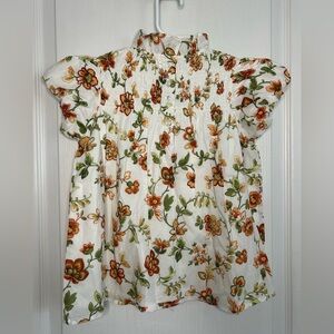 Janie & Jack NWT Orange Floral Smocked Puff Sleeve Ruffle Mock Neck 7 Shirt Boho